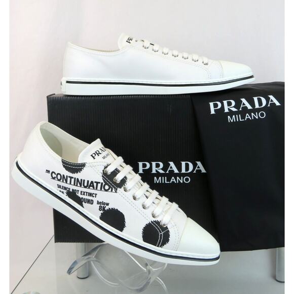 PRADA 1E617M WHITE BLACK POLKA CANVAS LOGO POINTY CAP LOW TOP SNEAKERS 38 ITALY - Picture 6 of 15